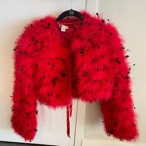 Red Lapis Fur Feather Cropped Jacket